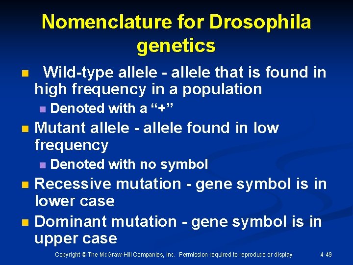 Nomenclature for Drosophila genetics n Wild-type allele - allele that is found in high