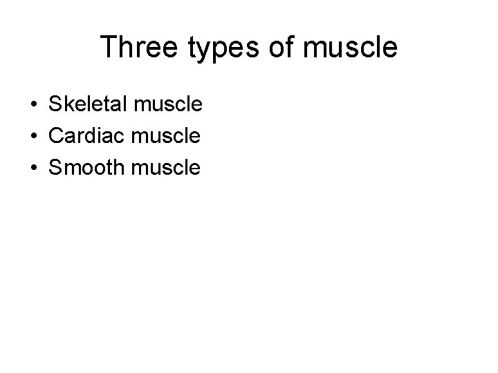 Three types of muscle • Skeletal muscle • Cardiac muscle • Smooth muscle 