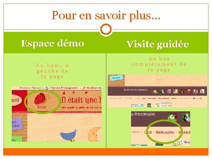 Pour en savoir plus… Espace démo En haut, à gauche de la page Visite