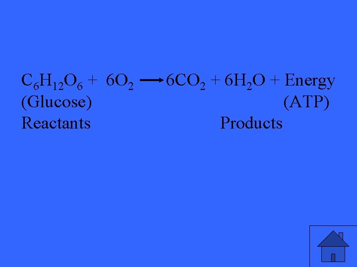 C 6 H 12 O 6 + 6 O 2 (Glucose) Reactants 6 CO