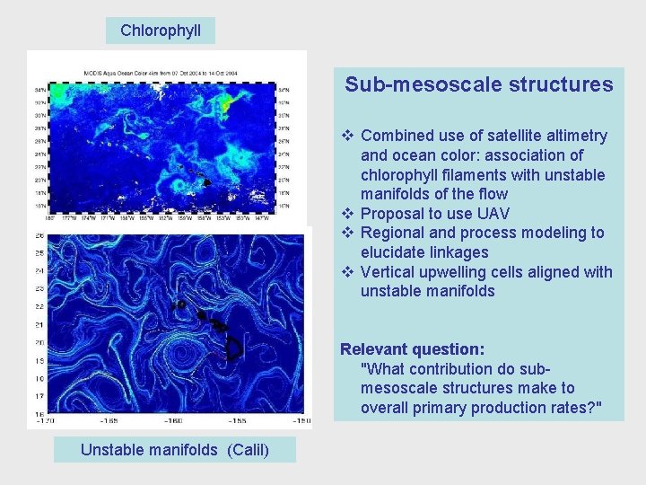 Chlorophyll Sub-mesoscale structures v Combined use of satellite altimetry and ocean color: association of