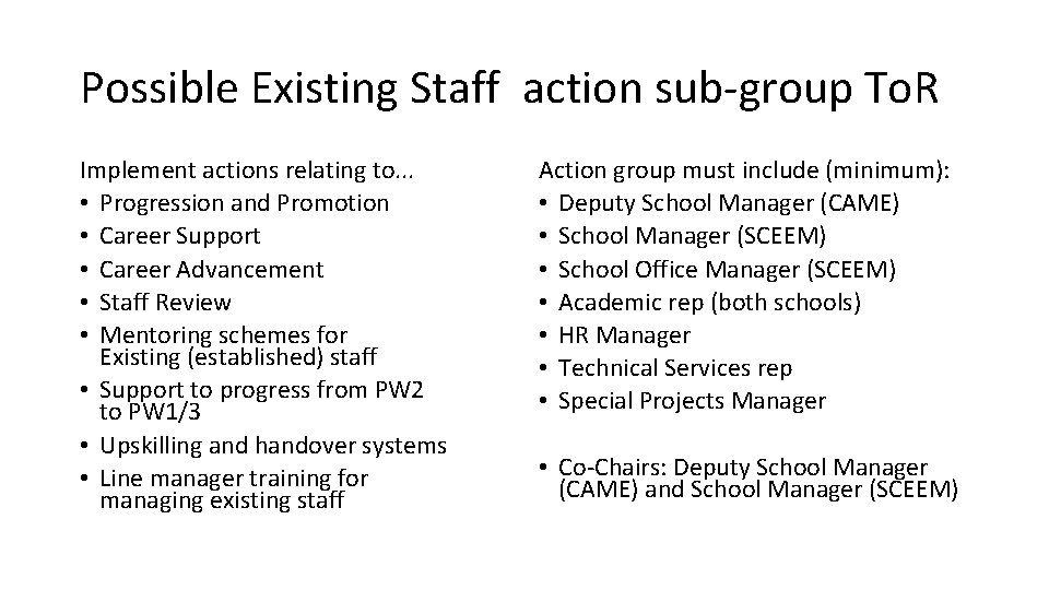 Possible Existing Staff action sub-group To. R Implement actions relating to. . . •