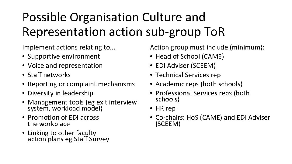 Possible Organisation Culture and Representation action sub-group To. R Implement actions relating to. .