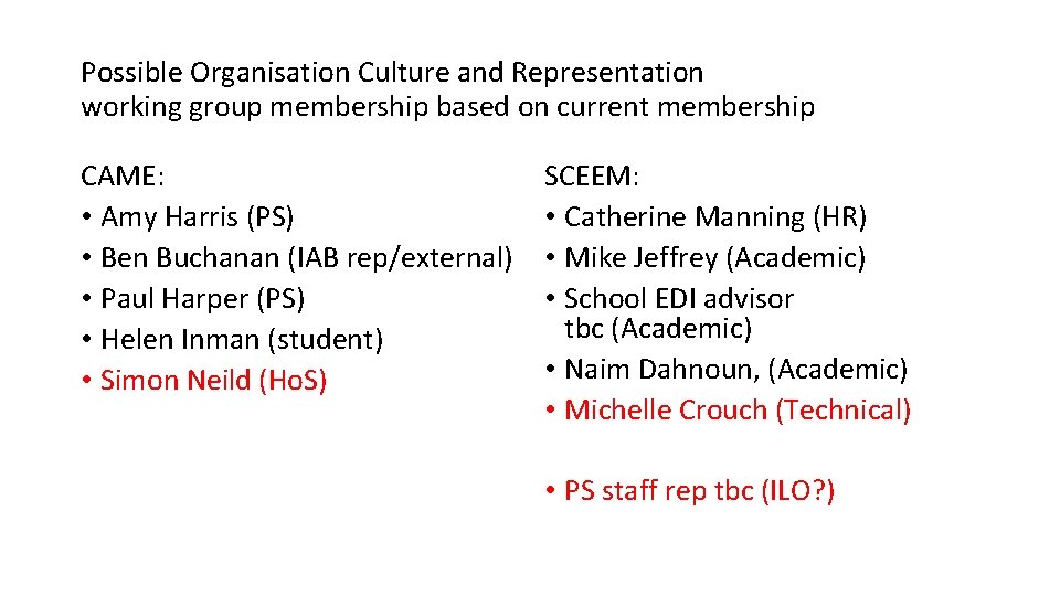 Possible Organisation Culture and Representation working group membership based on current membership CAME: •