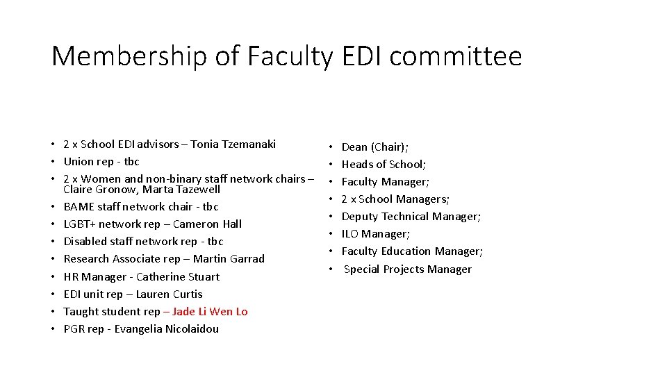 Membership of Faculty EDI committee • 2 x School EDI advisors – Tonia Tzemanaki