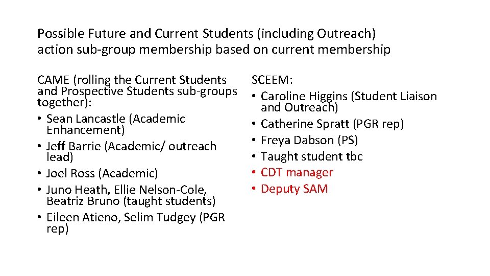 Possible Future and Current Students (including Outreach) action sub-group membership based on current membership