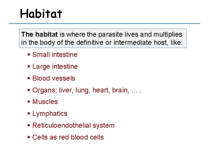 Habitat The habitat is where the parasite lives and multiplies in the body of