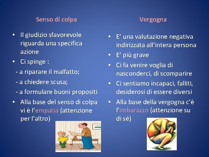 Senso di colpa Vergogna • Il giudizio sfavorevole riguarda una specifica azione • Ci