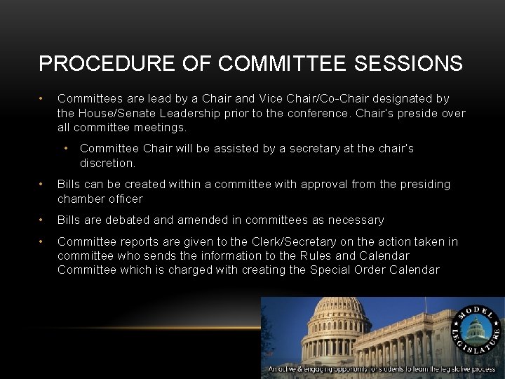 PROCEDURE OF COMMITTEE SESSIONS • Committees are lead by a Chair and Vice Chair/Co-Chair