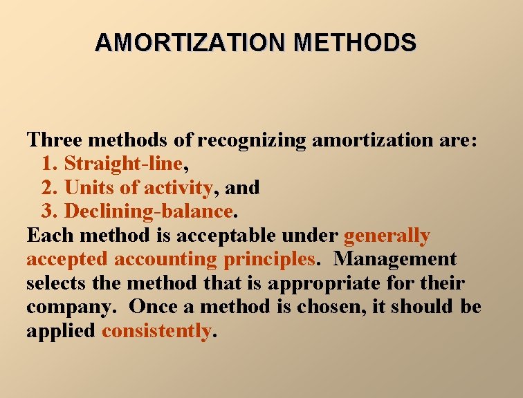 AMORTIZATION METHODS Three methods of recognizing amortization are: 1. Straight-line, 2. Units of activity,