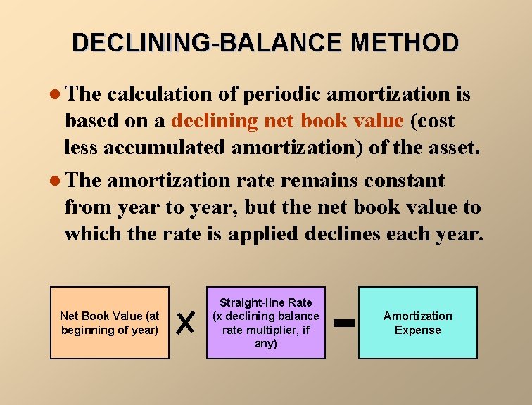 DECLINING-BALANCE METHOD l The calculation of periodic amortization is based on a declining net