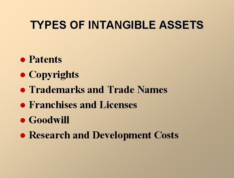 TYPES OF INTANGIBLE ASSETS Patents l Copyrights l Trademarks and Trade Names l Franchises