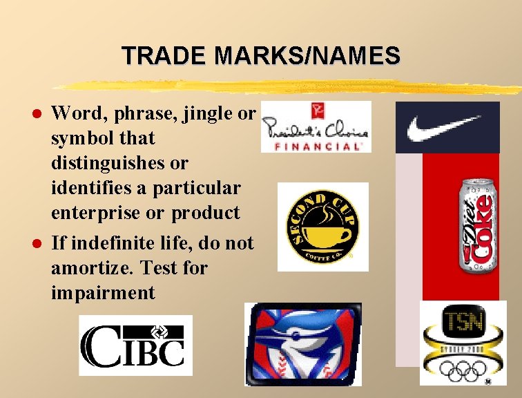 TRADE MARKS/NAMES l l Word, phrase, jingle or symbol that distinguishes or identifies a