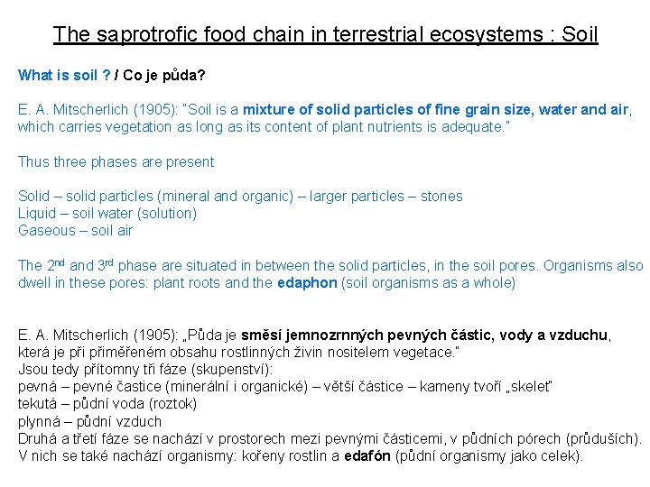 The saprotrofic food chain in terrestrial ecosystems : Soil What is soil ? /