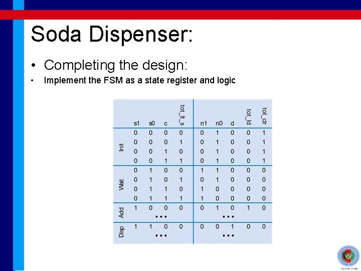 Soda Dispenser: • Completing the design: • Implement the FSM as a state register