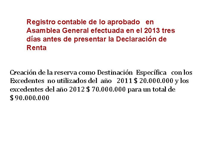 Registro contable de lo aprobado en Asamblea General efectuada en el 2013 tres días