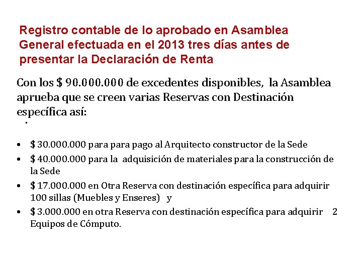 Registro contable de lo aprobado en Asamblea General efectuada en el 2013 tres días