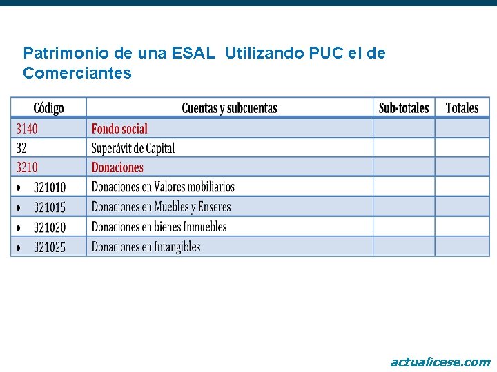 Patrimonio de una ESAL Utilizando PUC el de Comerciantes actualicese. com 