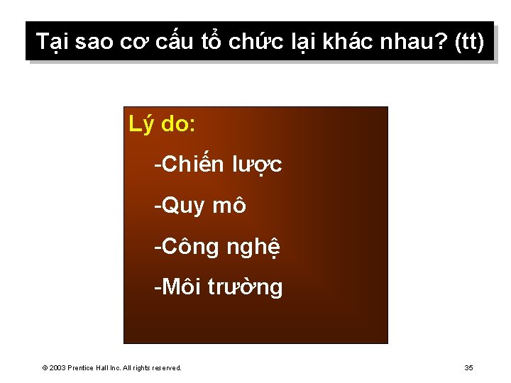 Tại sao cơ cấu tổ chức lại khác nhau? (tt) Lý do: -Chiến lược