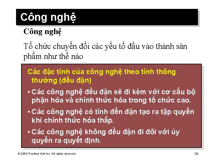 Công nghệ Tổ chức chuyển đổi các yếu tố đầu vào thành sản phẩm