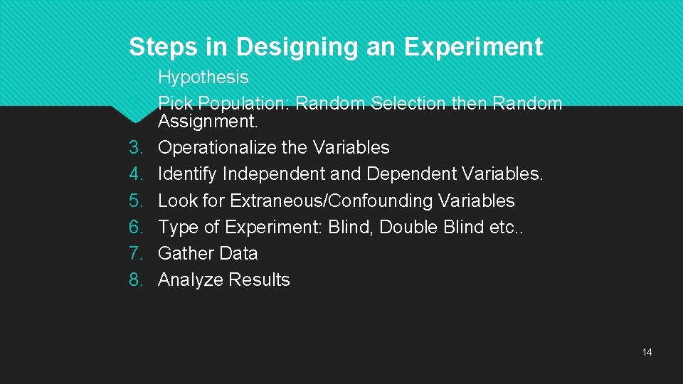 Steps in Designing an Experiment 1. Hypothesis 2. Pick Population: Random Selection then Random