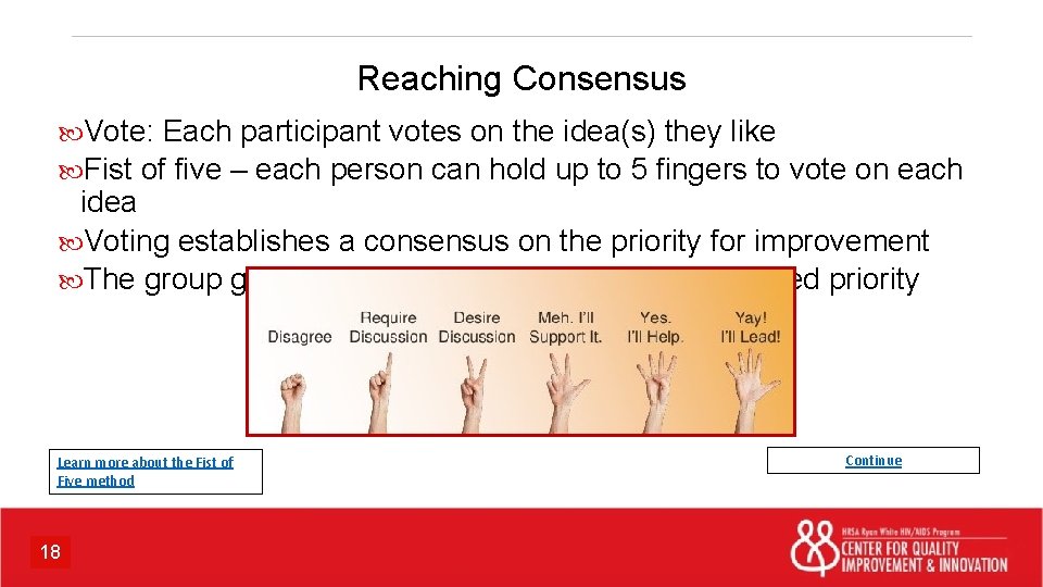 Reaching Consensus Vote: Each participant votes on the idea(s) they like Fist of five