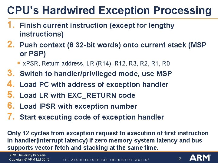 CPU’s Hardwired Exception Processing 1. 2. Finish current instruction (except for lengthy instructions) Push