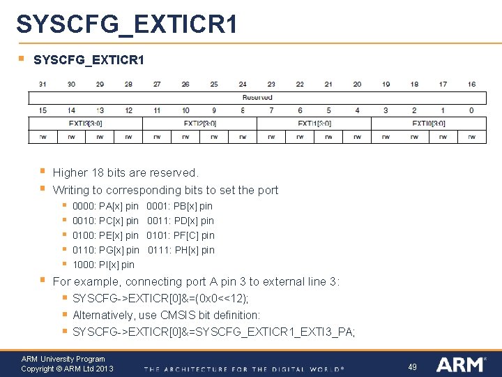 SYSCFG_EXTICR 1 § § Higher 18 bits are reserved. Writing to corresponding bits to