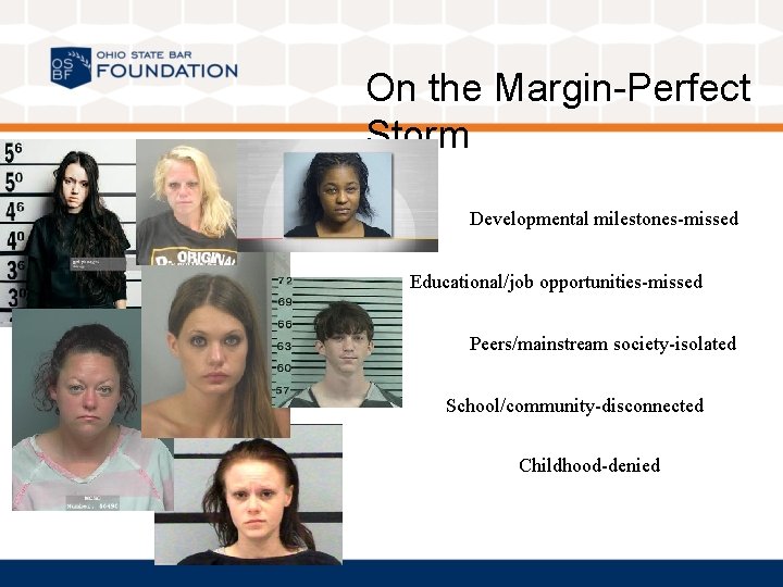 On the Margin-Perfect Storm Developmental milestones-missed Educational/job opportunities-missed Peers/mainstream society-isolated School/community-disconnected Childhood-denied 
