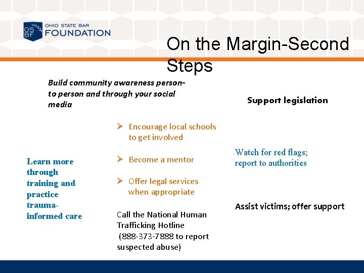 On the Margin-Second Steps Build community awareness personto person and through your social media