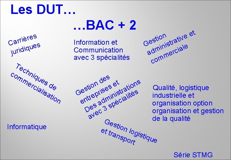 Les DUT… …BAC + 2 s e r è i Carr es u q