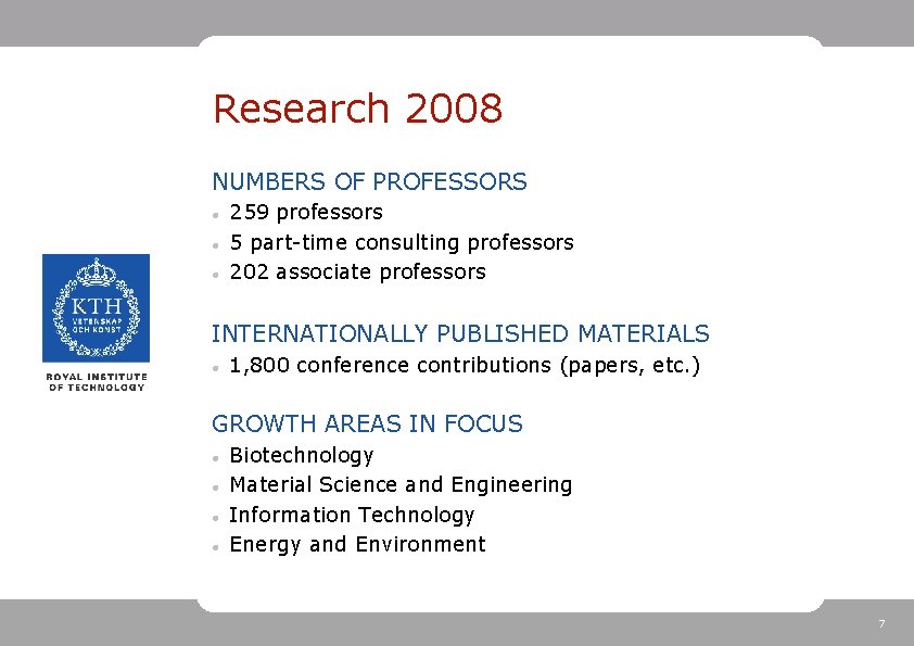 Research 2008 NUMBERS OF PROFESSORS 259 professors 5 part-time consulting professors 202 associate professors