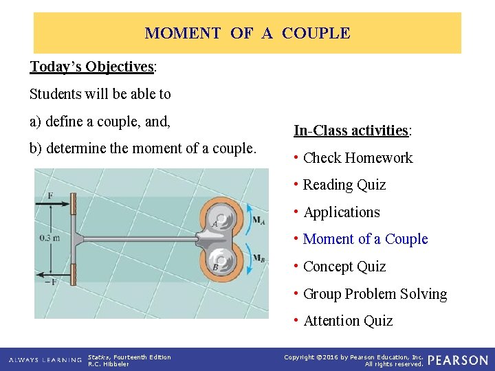 MOMENT OF A COUPLE Today’s Objectives: Students will be able to a) define a