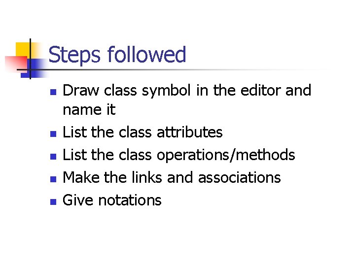 Steps followed n n n Draw class symbol in the editor and name it