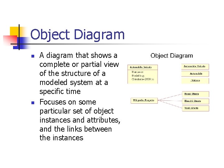 Object Diagram n n A diagram that shows a complete or partial view of