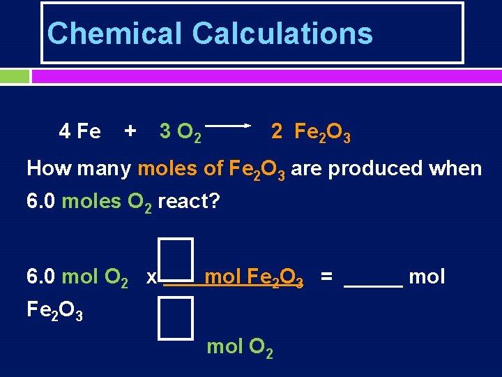 Chemical Calculations 4 Fe + 3 O 2 2 Fe 2 O 3 How