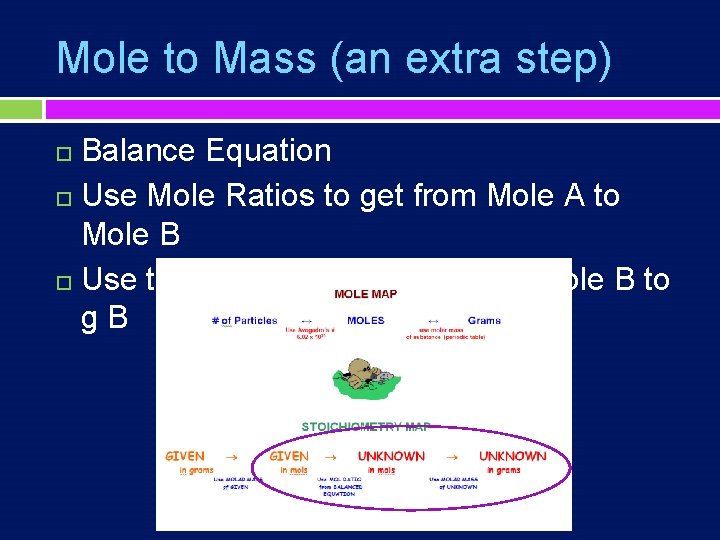 Mole to Mass (an extra step) Balance Equation Use Mole Ratios to get from