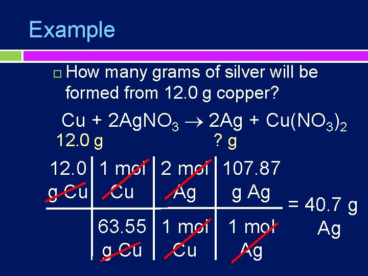 Example How many grams of silver will be formed from 12. 0 g copper?