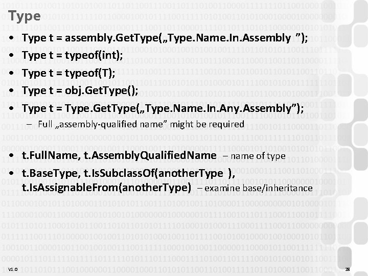 Type • • • Type t = assembly. Get. Type(„Type. Name. In. Assembly ”); Type • • • Type t = assembly. Get. Type(„Type. Name. In. Assembly ”);