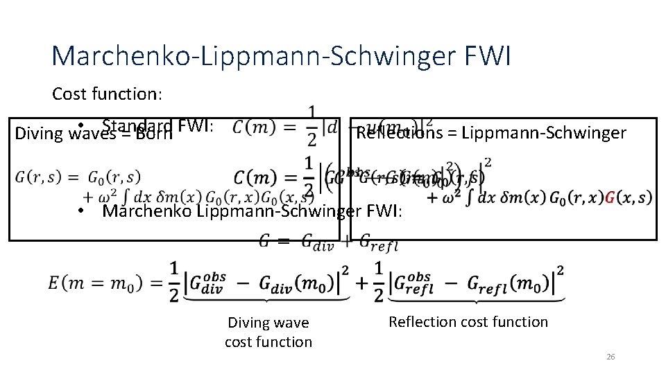 Marchenko-Lippmann-Schwinger FWI Cost function: • Standard Diving waves = Born FWI: Reflections = Lippmann-Schwinger Marchenko-Lippmann-Schwinger FWI Cost function: • Standard Diving waves = Born FWI: Reflections = Lippmann-Schwinger