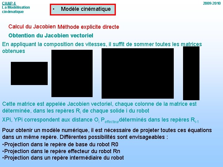 CHAP 4 La Modélisation cinématique 2009 -2010 • Modèle cinématique Calcul du Jacobien Méthode