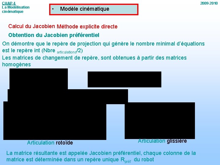 CHAP 4 La Modélisation cinématique 2009 -2010 • Modèle cinématique Calcul du Jacobien Méthode