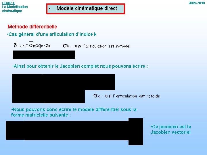 CHAP 4 La Modélisation cinématique 2009 -2010 • Modèle cinématique direct Méthode différentielle •