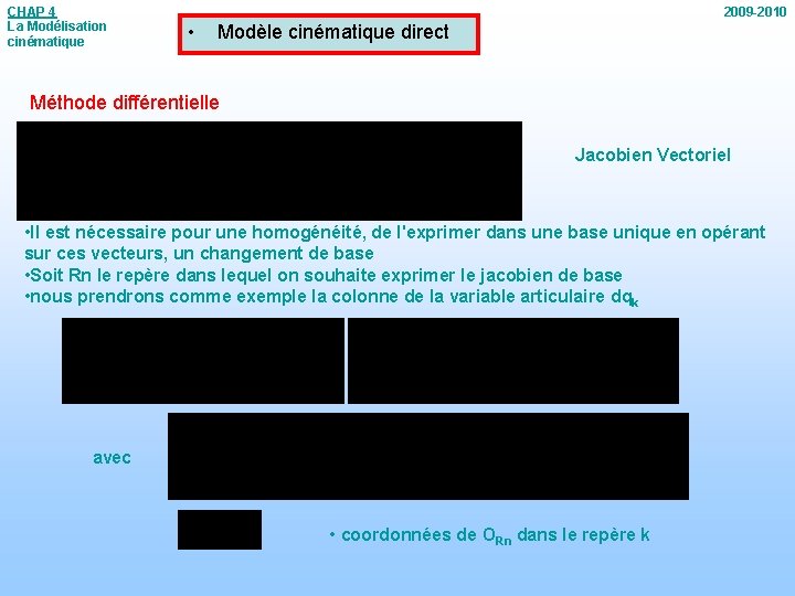 CHAP 4 La Modélisation cinématique 2009 -2010 • Modèle cinématique direct Méthode différentielle Jacobien