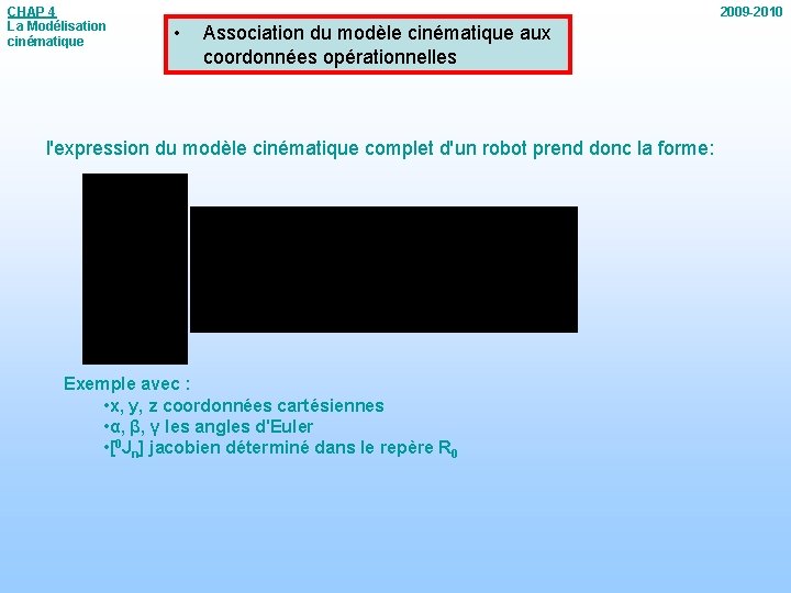 CHAP 4 La Modélisation cinématique 2009 -2010 • Association du modèle cinématique aux coordonnées