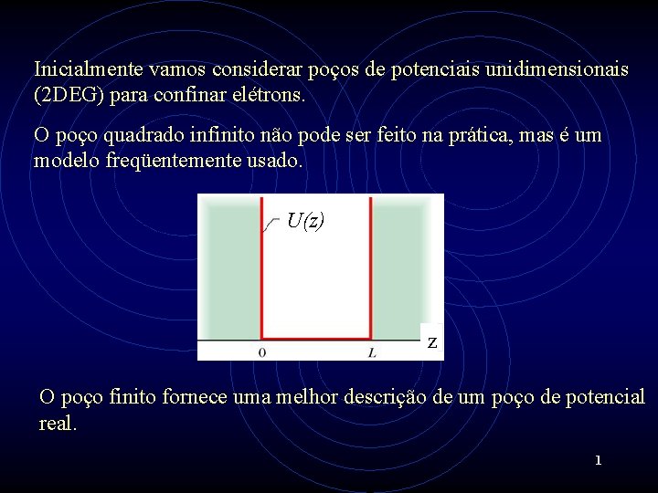 Inicialmente vamos considerar poços de potenciais unidimensionais (2 DEG) para confinar elétrons. O poço