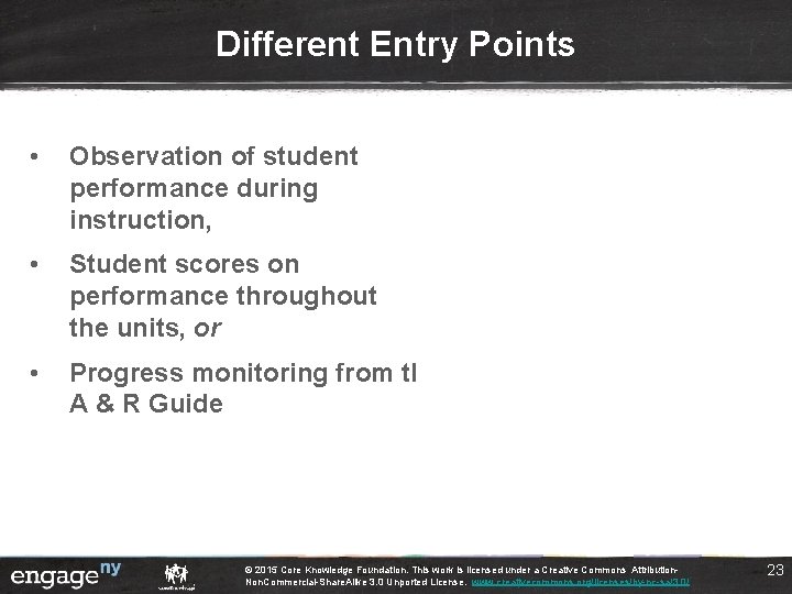 Different Entry Points • Observation of student performance during instruction, • Student scores on