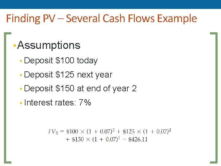 Finding PV – Several Cash Flows Example • Assumptions • Deposit $100 today •
