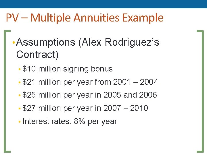 PV – Multiple Annuities Example • Assumptions (Alex Rodriguez’s Contract) • $10 million signing