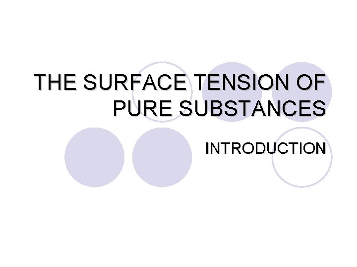 THE SURFACE TENSION OF PURE SUBSTANCES INTRODUCTION 
